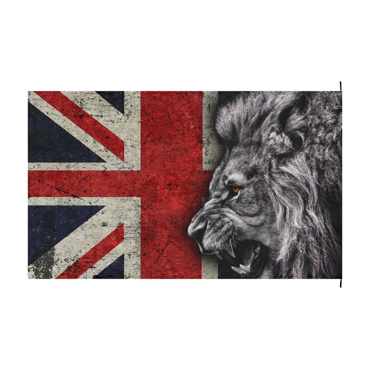 A rectangular wall flag or banner featuring a distressed Union Jack on the left and a detailed black-and-white lion head on the right, shown against a plain white background.