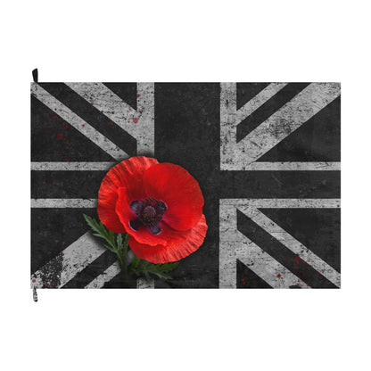 Union Jack Remembrance Flag — Black Distressed British Flag with Red Poppy (Double-Sided)