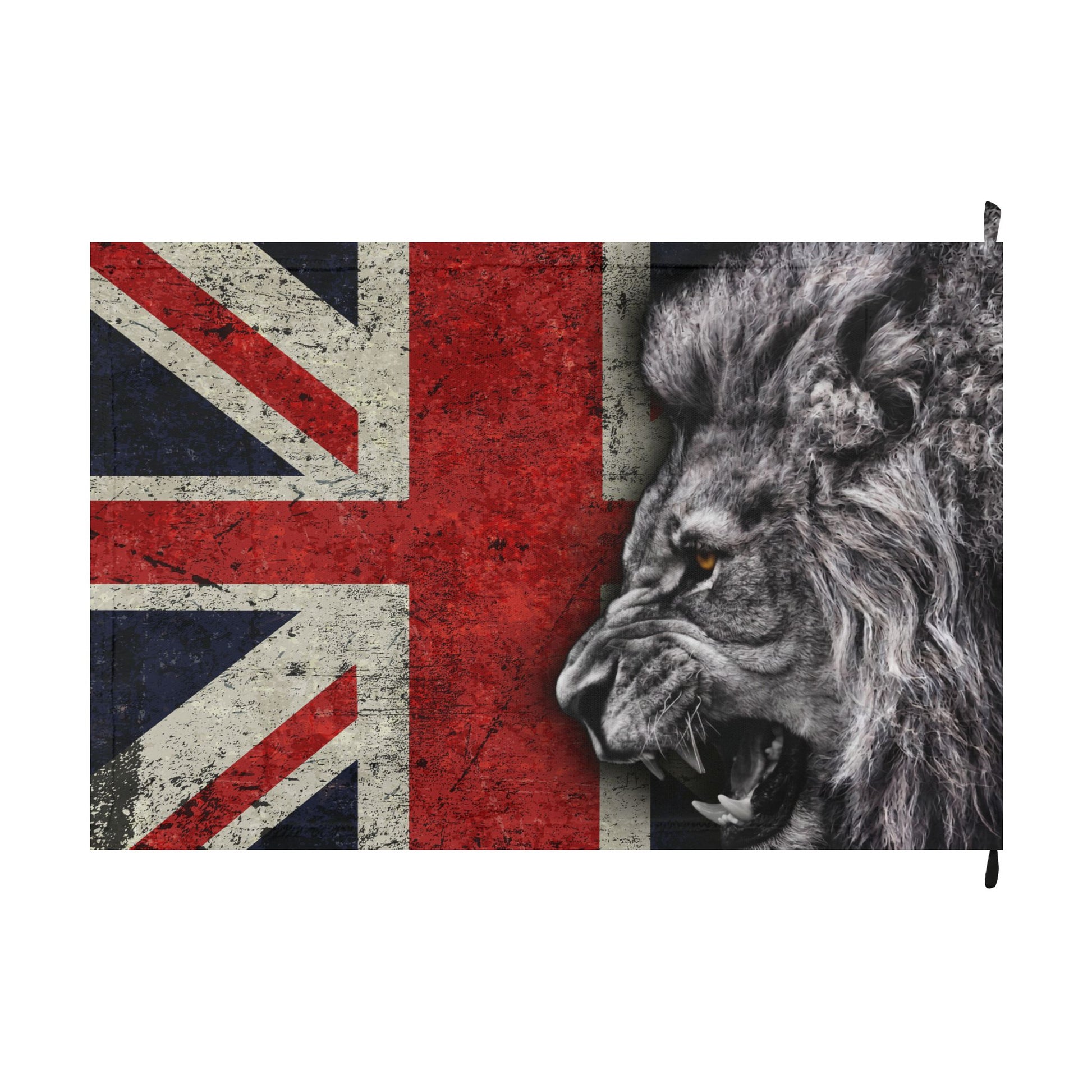 A rectangular zippered pouch or bag featuring a distressed Union Jack flag design on the left and a detailed black-and-white lion head on the right, shown against a plain white background.