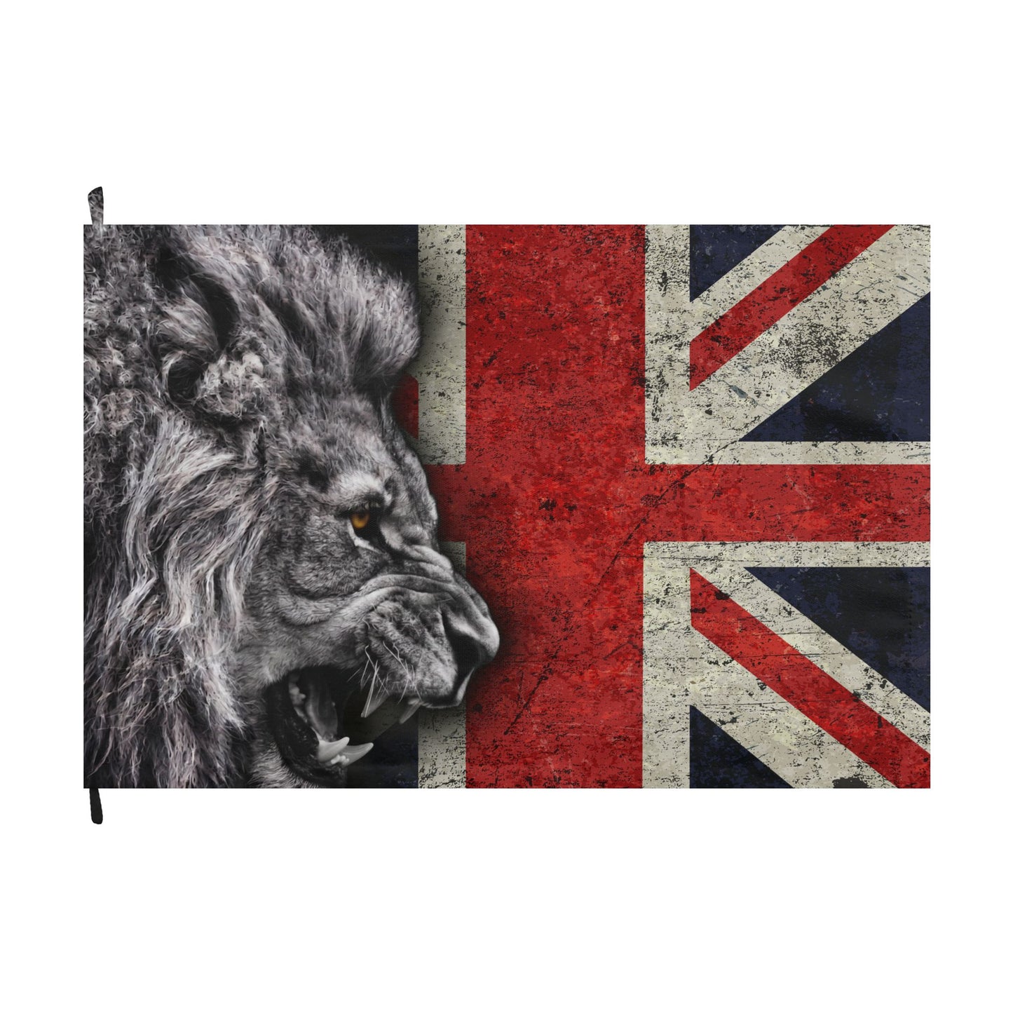 A rectangular flag or banner shown flat against a white background, featuring a black-and-white lion head on the left and a distressed Union Jack on the right.