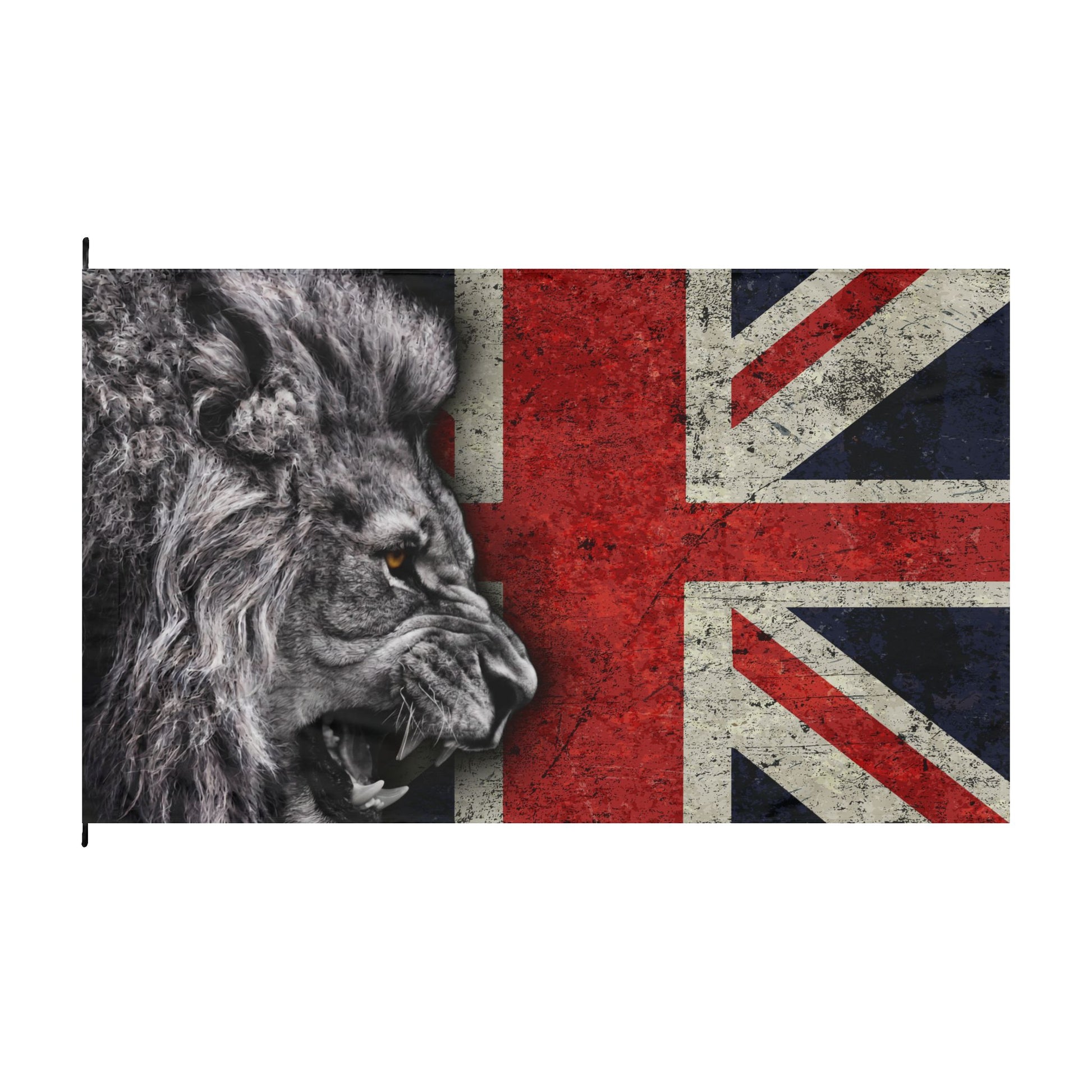 A rectangular wall flag featuring a black-and-white lion head on the left and a distressed Union Jack on the right, shown against a plain white background.