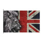 A rectangular wall flag featuring a black-and-white lion head on the left and a distressed Union Jack on the right, shown against a plain white background.