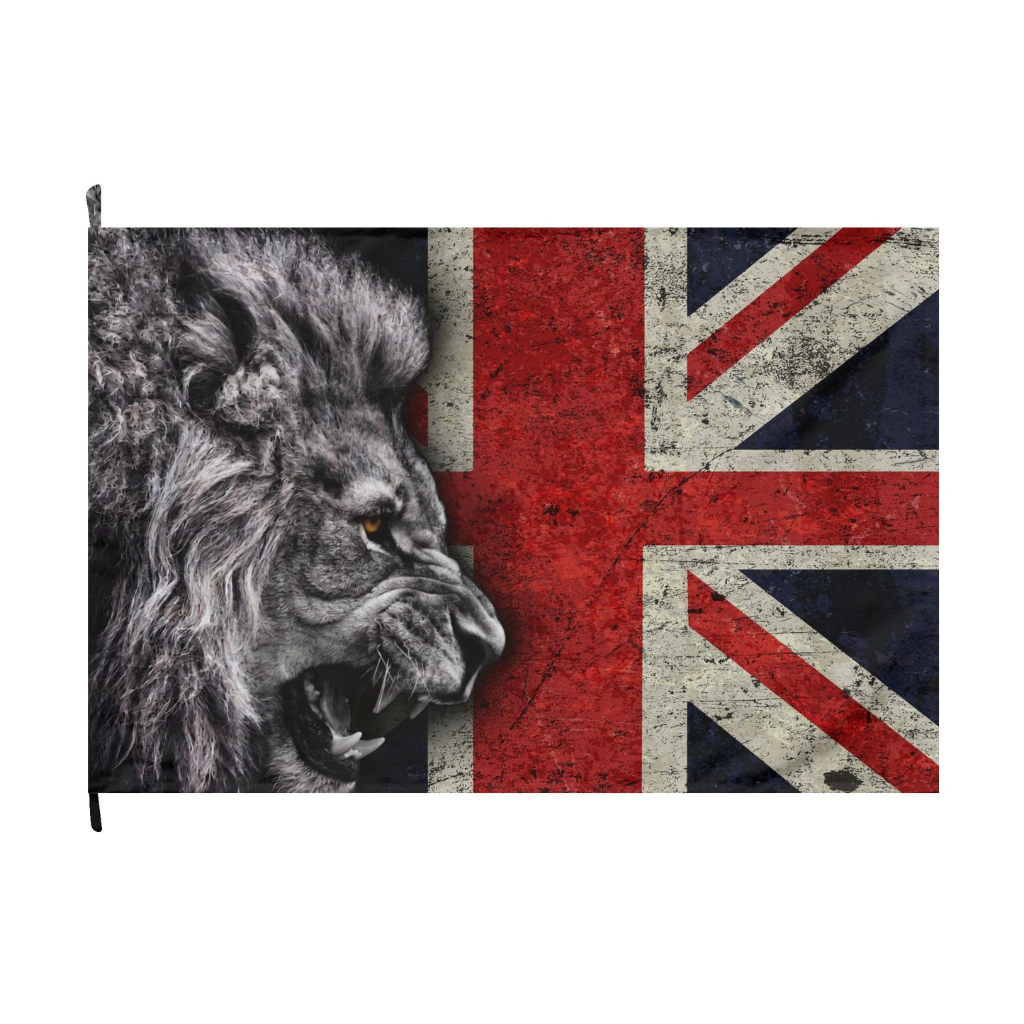 A rectangular flag featuring a black-and-white lion head in profile next to a distressed Union Jack design, shown against a plain white background.