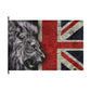 A rectangular flag featuring a black-and-white lion head in profile next to a distressed Union Jack design, shown against a plain white background.