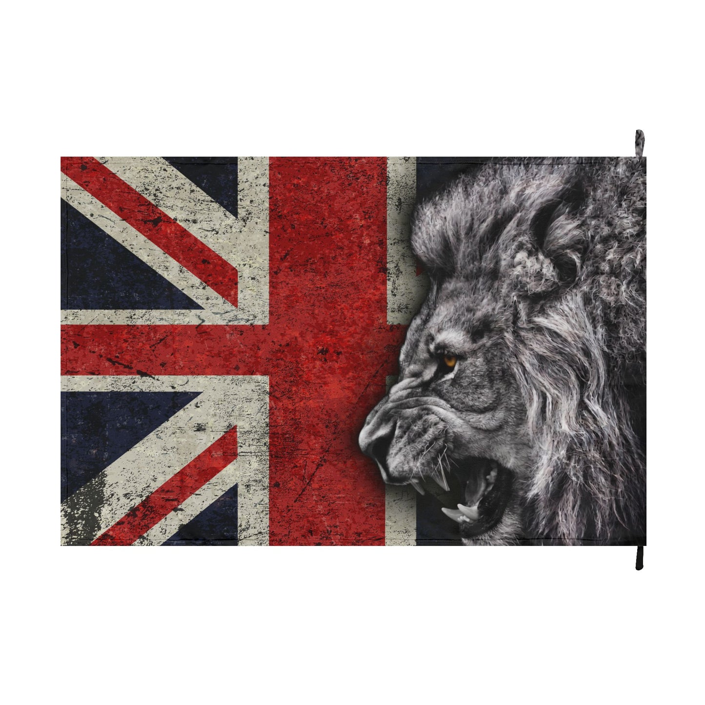 A rectangular flag or banner featuring a distressed Union Jack background with a large black-and-white lion head on the right side, shown against a plain white background.