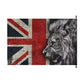 A rectangular flag or banner featuring a distressed Union Jack background with a large black-and-white lion head on the right side, shown against a plain white background.