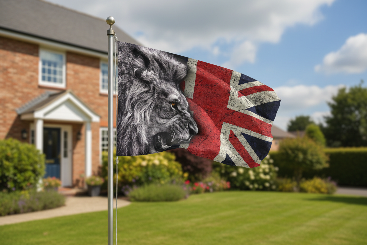 A flag on a silver pole flying outdoors in front of a suburban house. The flag combines a black-and-white lion head on the left with a distressed Union Jack design on the right.