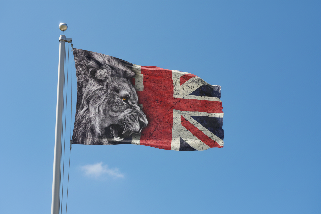 A flag on a silver pole flying against a clear blue sky, featuring a black-and-white lion head on the left side and a distressed Union Jack design on the right.